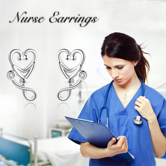 925 Sterling Silver Stethoscope Jewelry Stud Earrings For Women Doctor Nurse Gift - onlyone