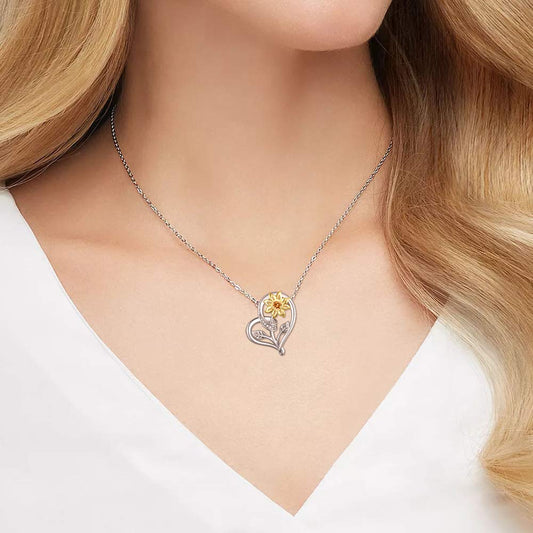 925 Sterling Silver Sunflower and Heart Pendant Necklace - onlyone