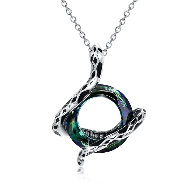 925 Sterling Silver Snake Pendant with Color Change Circle Crystal