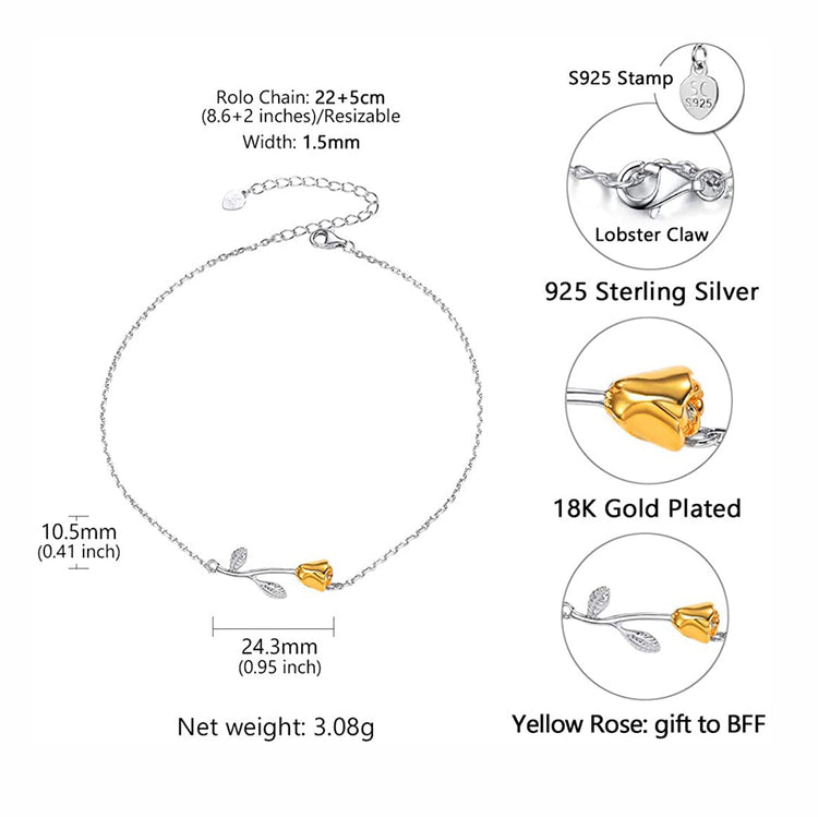925 Sterling Silver Yellow Rose Anklet, Gift to BFF