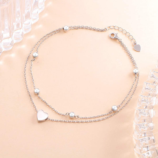 925 Sterling Silver Heart Double Layer Anklet Adjustable Anklet - onlyone