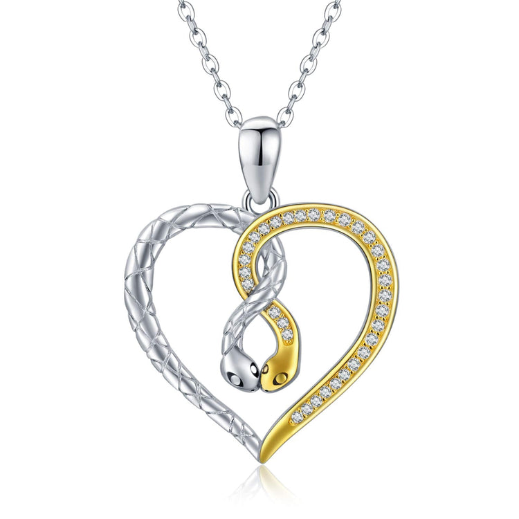 925 Sterling Silver Silver-Gold Snake Necklace Heart Pendant Necklace