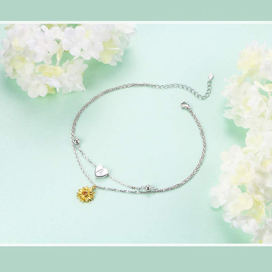 925 Sterling Silver Double Sunflower Customizable Alphabet Anklets Summer Style - onlyone