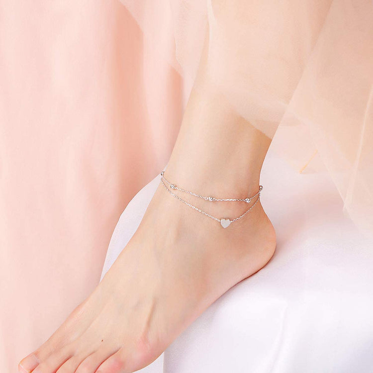 925 Sterling Silver Heart Double Layer Anklet Adjustable Anklet - onlyone