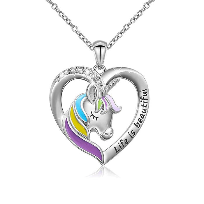 925 Sterling Silver Rainbow Unicorn Necklace 'Life is beautiful' Heart Pendant for Girls Mother Daughter - onlyone
