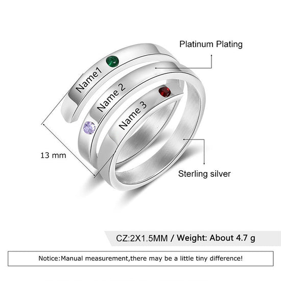 925 Sterling Silver Custom Three Names Ring Family Ring With Birthstones - onlyone