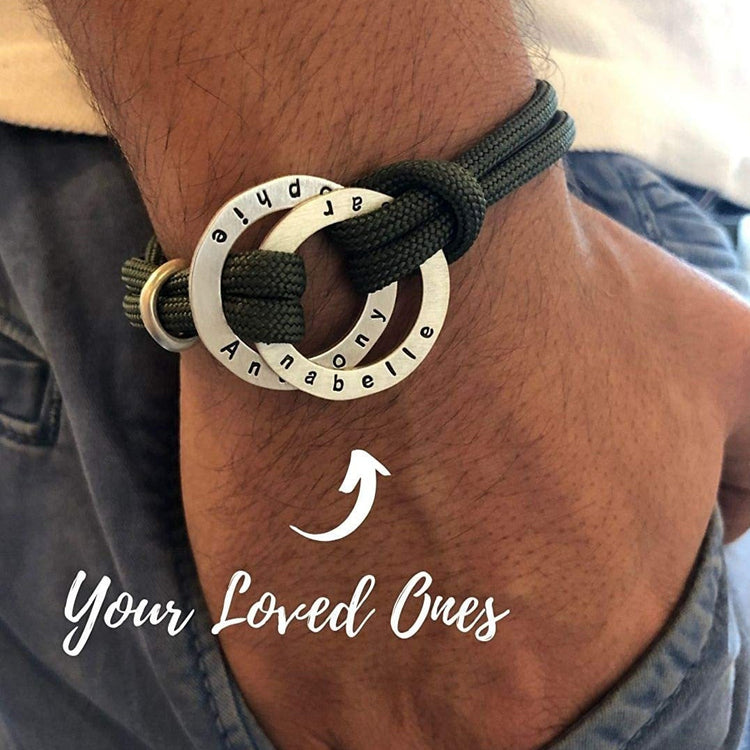 Men Personalized Rope Bracelet with Custom Engraved Hoop Fathers Day Bracelet - onlyone