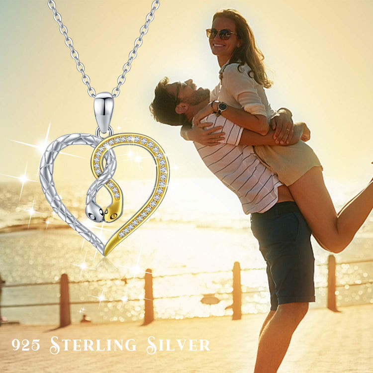 925 Sterling Silver Silver-Gold Snake Necklace Heart Pendant Necklace