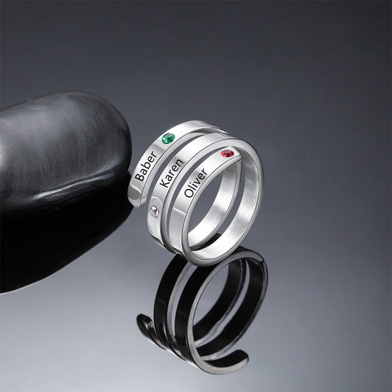 925 Sterling Silver Custom Three Names Ring Family Ring With Birthstones - onlyone