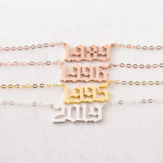 925 Sterling Silver Old English Font Number Necklace, Dainty Year Necklace - onlyone