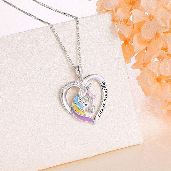 925 Sterling Silver Rainbow Unicorn Necklace 'Life is beautiful' Heart Pendant for Girls Mother Daughter - onlyone