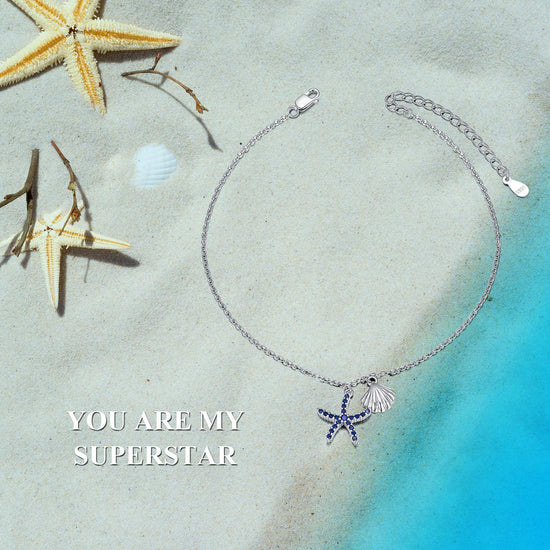 925 Sterling Silver Starfish Shell Fashion Anklet - onlyone