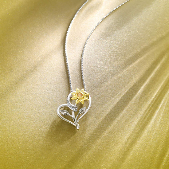 925 Sterling Silver Sunflower and Heart Pendant Necklace - onlyone