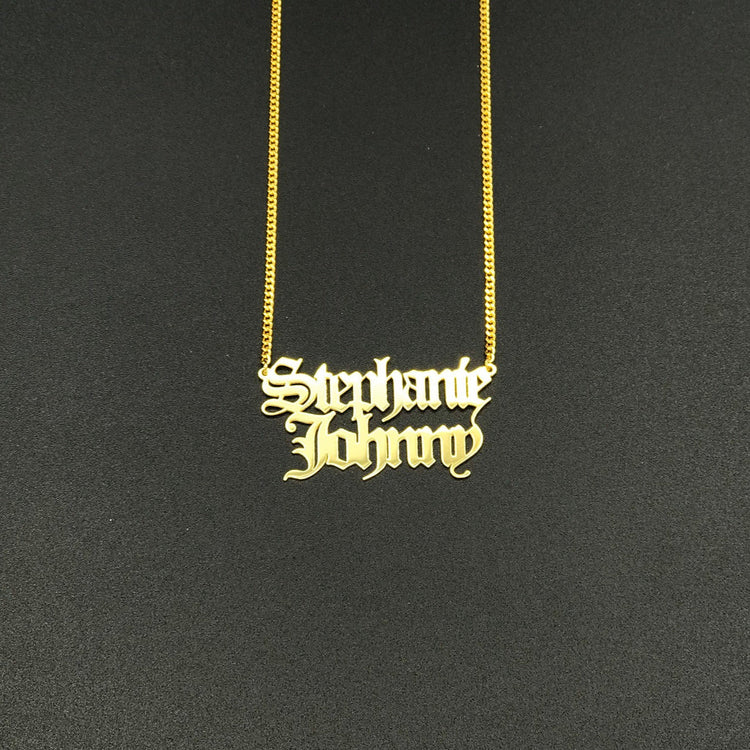 925 Sterling Silver Double Name Necklace In Old English Font