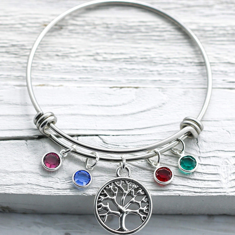 925 Sterling Silver Tree of Life Bangle with Birthstone Charms