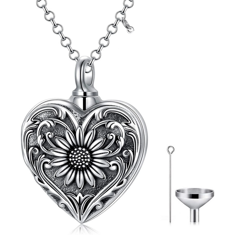 925 Sterling Silver Cameo Sunflower Heart Urn Necklace for Ashes
