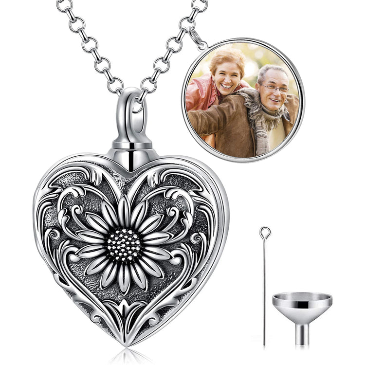 925 Sterling Silver Cameo Sunflower Heart Urn Necklace for Ashes