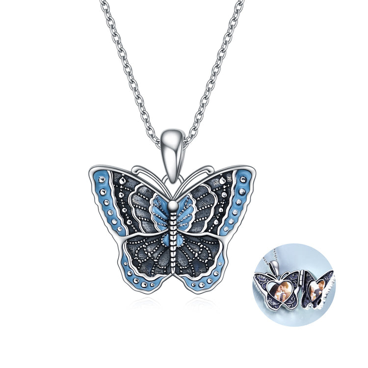 925 Sterling Silver Butterfly Heart Photo Locket Pendant Necklace
