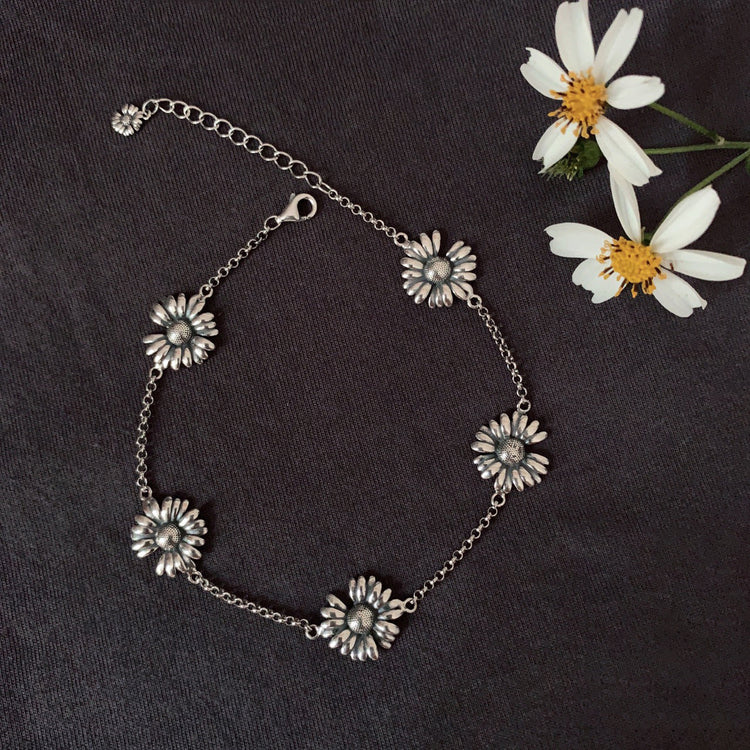925 Sterling Silver Daisy Flower Anklet, Gift For Her