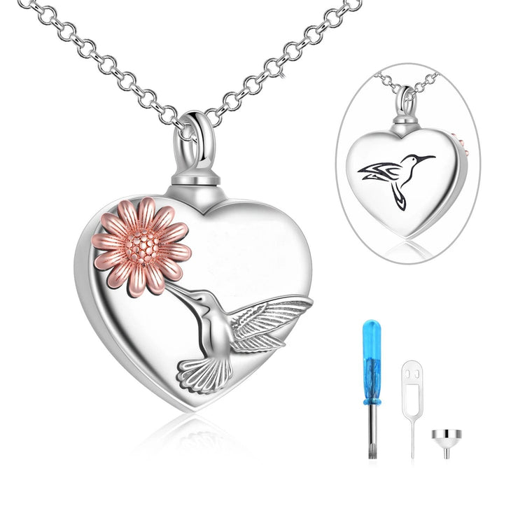 925 Sterling Silver Heart Flower Hummingbird Round Photo Urn Necklace for Ashes Cremation Jewelry