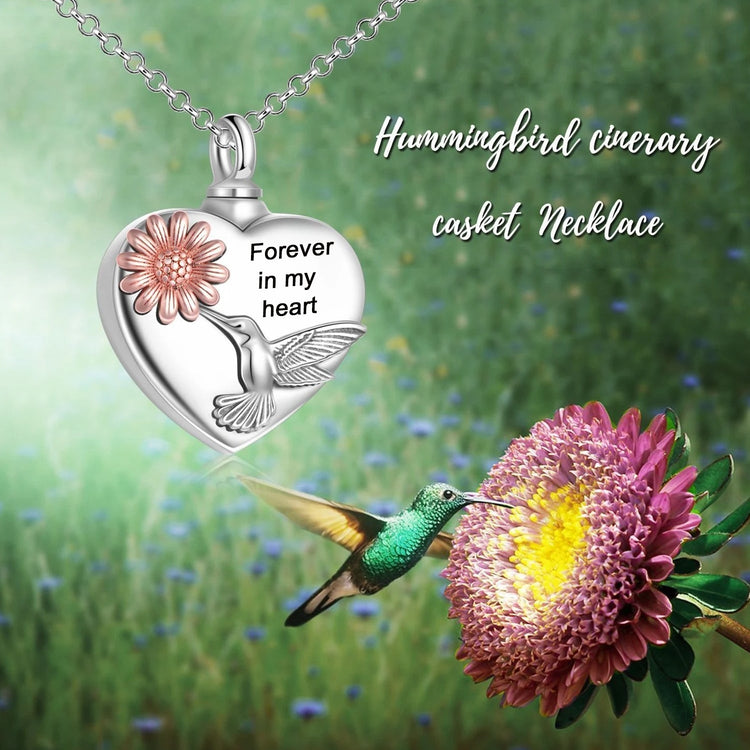925 Sterling Silver Heart Flower Hummingbird Round Photo Urn Necklace for Ashes Cremation Jewelry