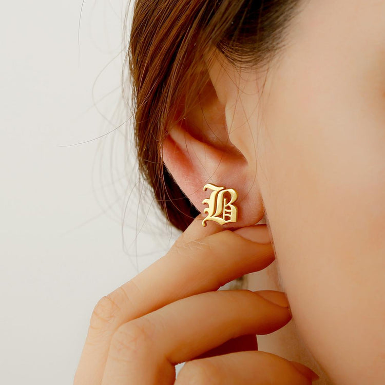 925 Sterling Silver Initial Stud Earrings In Old English Font