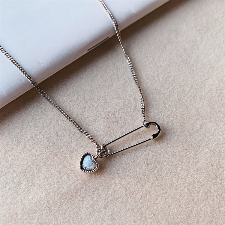925 Sterling Silver Safety Pin Necklace With Heart