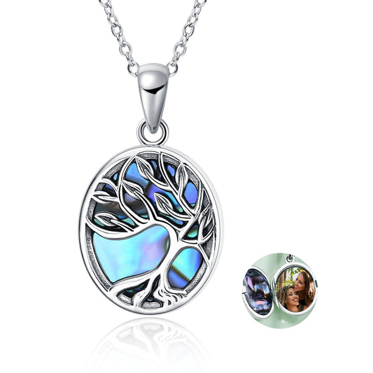 925 Sterling Silver Personalized Tree of Life Abalone Photo Locket Necklace