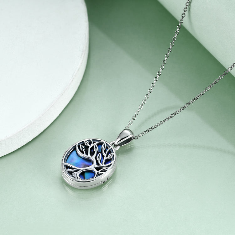 925 Sterling Silver Personalized Tree of Life Abalone Photo Locket Necklace