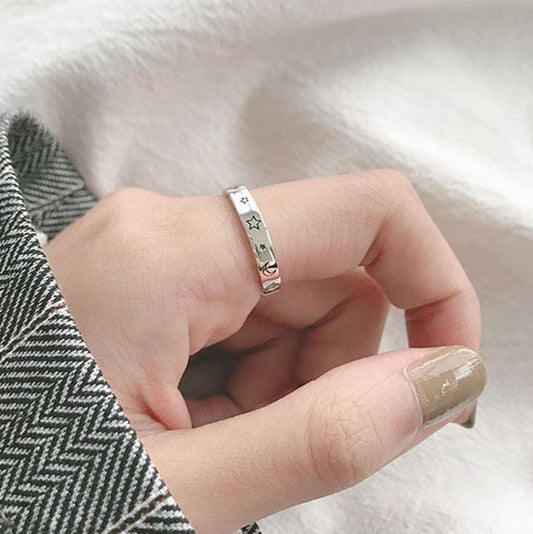 Bague ouverte en argent sterling 925 Smile Face Moon Star Love and Peace