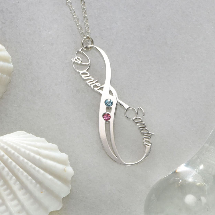 925 Sterling Silver Vertical Infinity Name Necklace With Birthstones