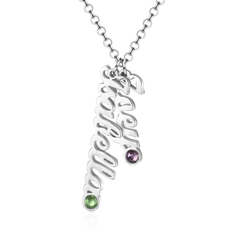 925 Sterling Silver Vertical Multi Name Necklace With Birthstone