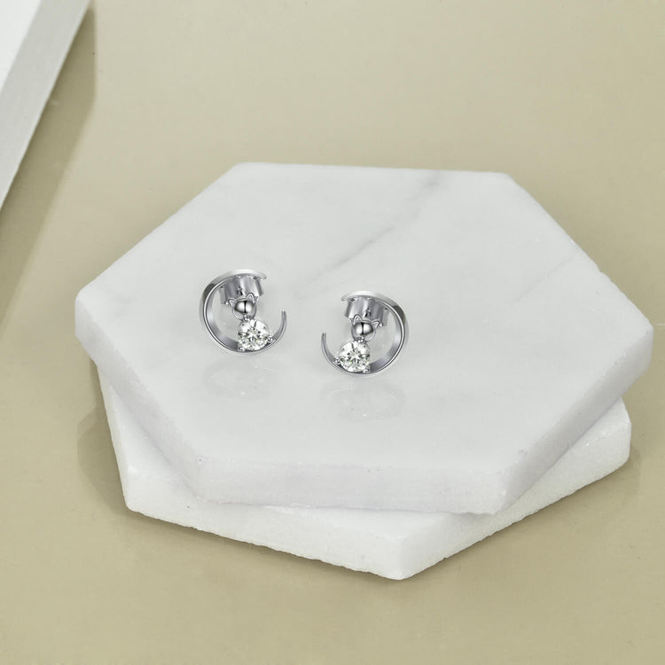 925 Sterling Silver Crescent Cat Stud Earrings