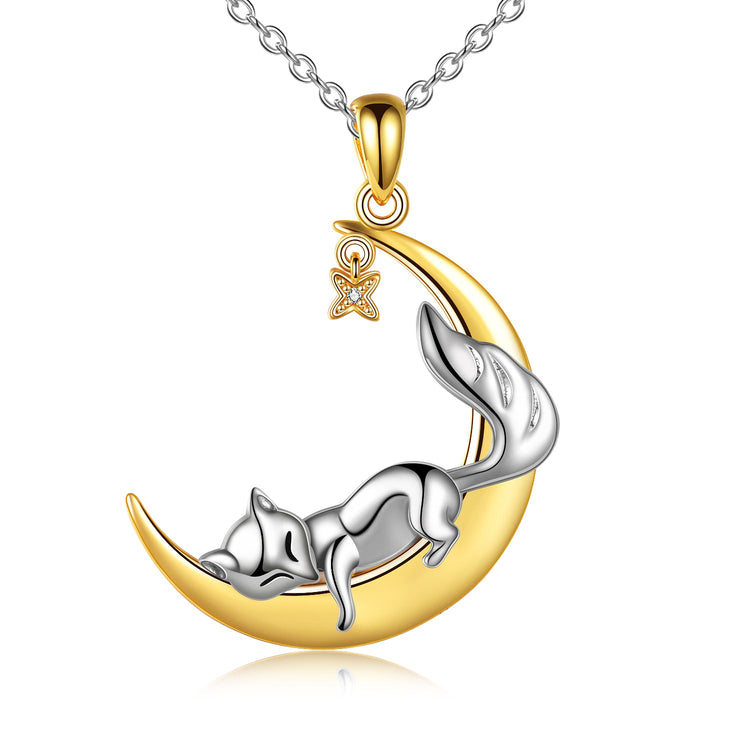 Cat Jewelry for Women 'Laid Back Kitten' Woman Fox on Moon Necklace Pendant Necklaces for Women, Gifts for Mom
