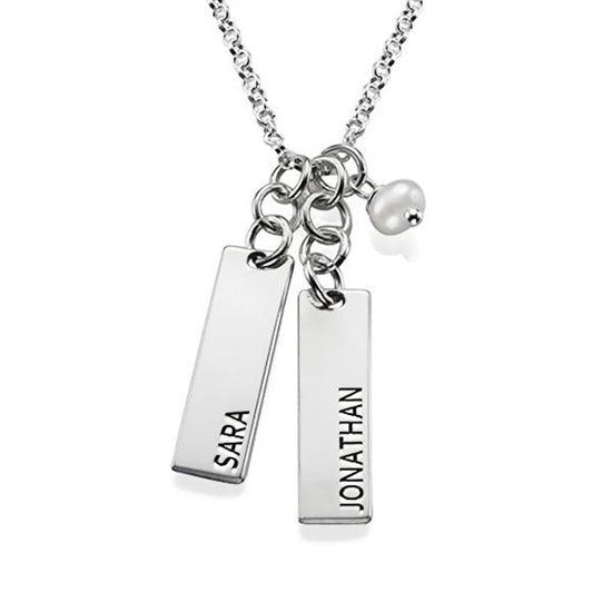 925 Sterling Silver Engraved Vertical Bar 2 Name Necklace Nameplate Necklace - onlyone