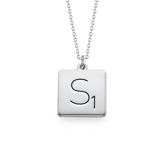 925 Sterling Silver Engraved Square Initial Necklace - onlyone