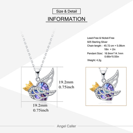 925 Sterling Silver Angel Wing Necklace Guardian Angel Jewelry Heart Purple Swarovski Crystal Pendant - onlyone