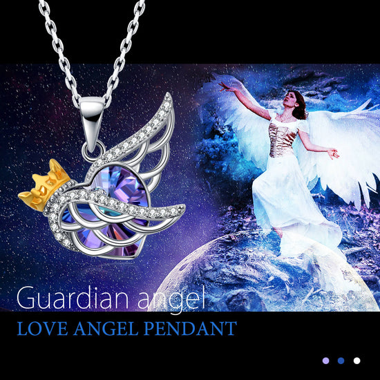 925 Sterling Silver Angel Wing Necklace Guardian Angel Jewelry Heart Purple Swarovski Crystal Pendant - onlyone