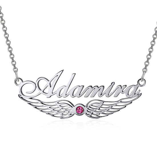 925 Sterling Silver Angel Wings Name Necklace Nameplate Necklace With Birthstone - onlyone