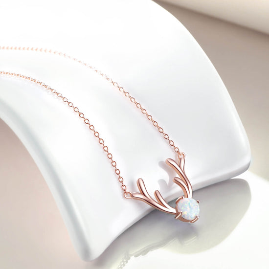 925 Sterling Silver Antler Pendant Necklace With Opal Christmas Gift - onlyone