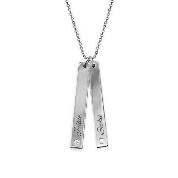 925 Sterling Silver Engraved Diamond Vertical Two Bar Name Necklace Nameplate Necklace - onlyone