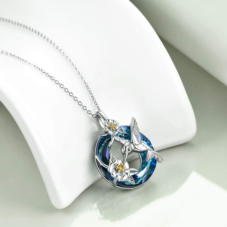 925 Sterling Silver Hummingbird And Flower Necklace With Crystal