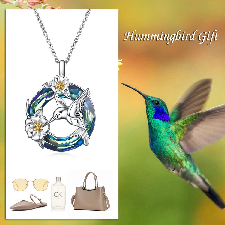 925 Sterling Silver Hummingbird And Flower Necklace With Crystal