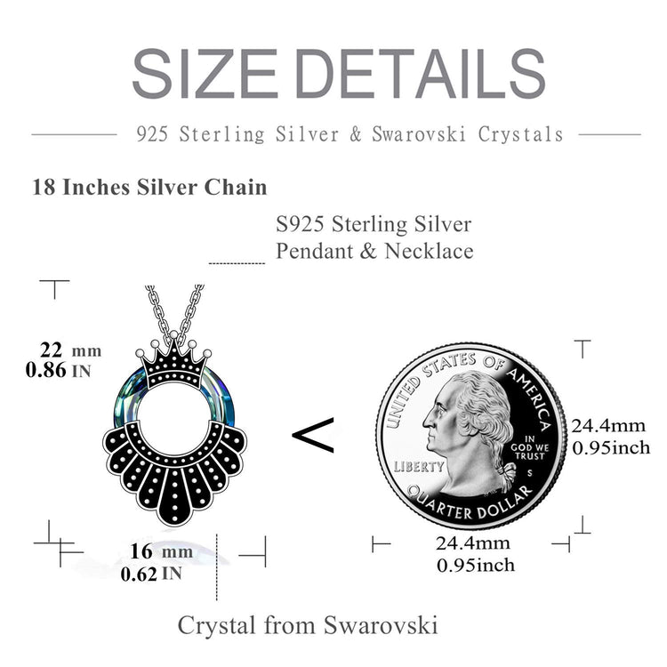 925 Sterling Silver RBG Collar Necklace Jewelry Gift for Women Girls, Dissent Spirit Memorial Pendant with Crystal
