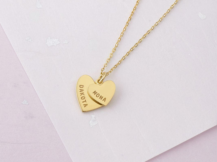 925 Sterling Silver Double Heart Engraved Name Necklace Nameplate Necklace Mom and Daughter - onlyone