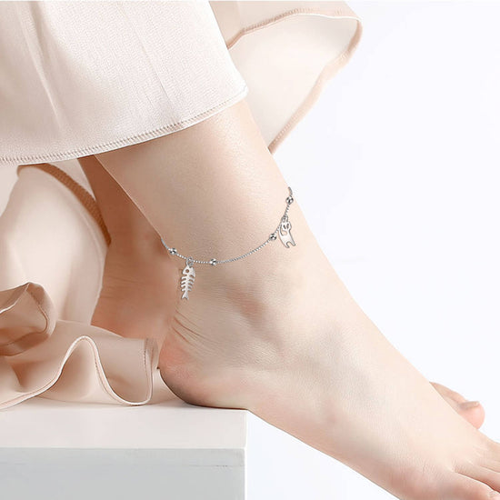 925 Sterling Silver Cats And Fishes Anklet - onlyone