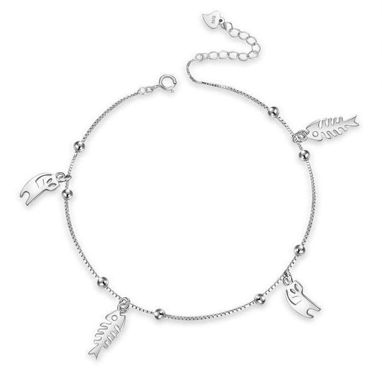 925 Sterling Silver Cats And Fishes Anklet - onlyone