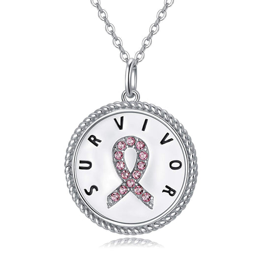 925 Sterling Silver Pink Ribbon Inspirational Breast Cancer Survivor Necklace