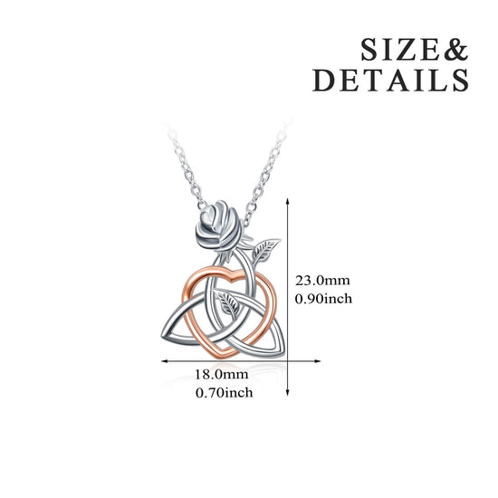 925 Sterling Silver Celtic Knot Triangle Trinity Knot Love Heart Rose Pendant Necklace - onlyone