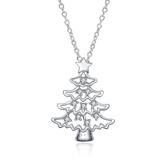 925 Sterling Silver Christmas Tree Pendant Necklace With Cubic Zirconia Christmas Gift - onlyone